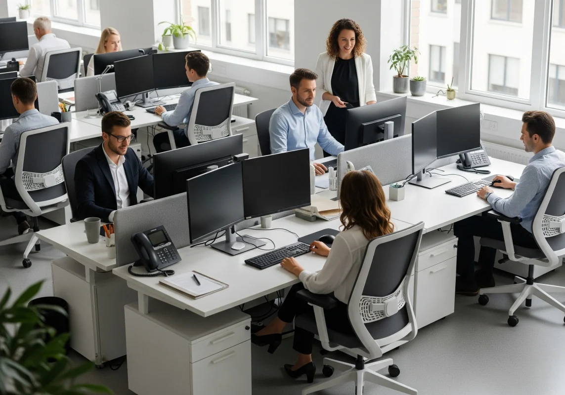 Modern, nyitott iroda több, egységesen berendezett ergonomikus munkaállomással, ahol a munkatársak kényelmesen és produktívan dolgoznak.