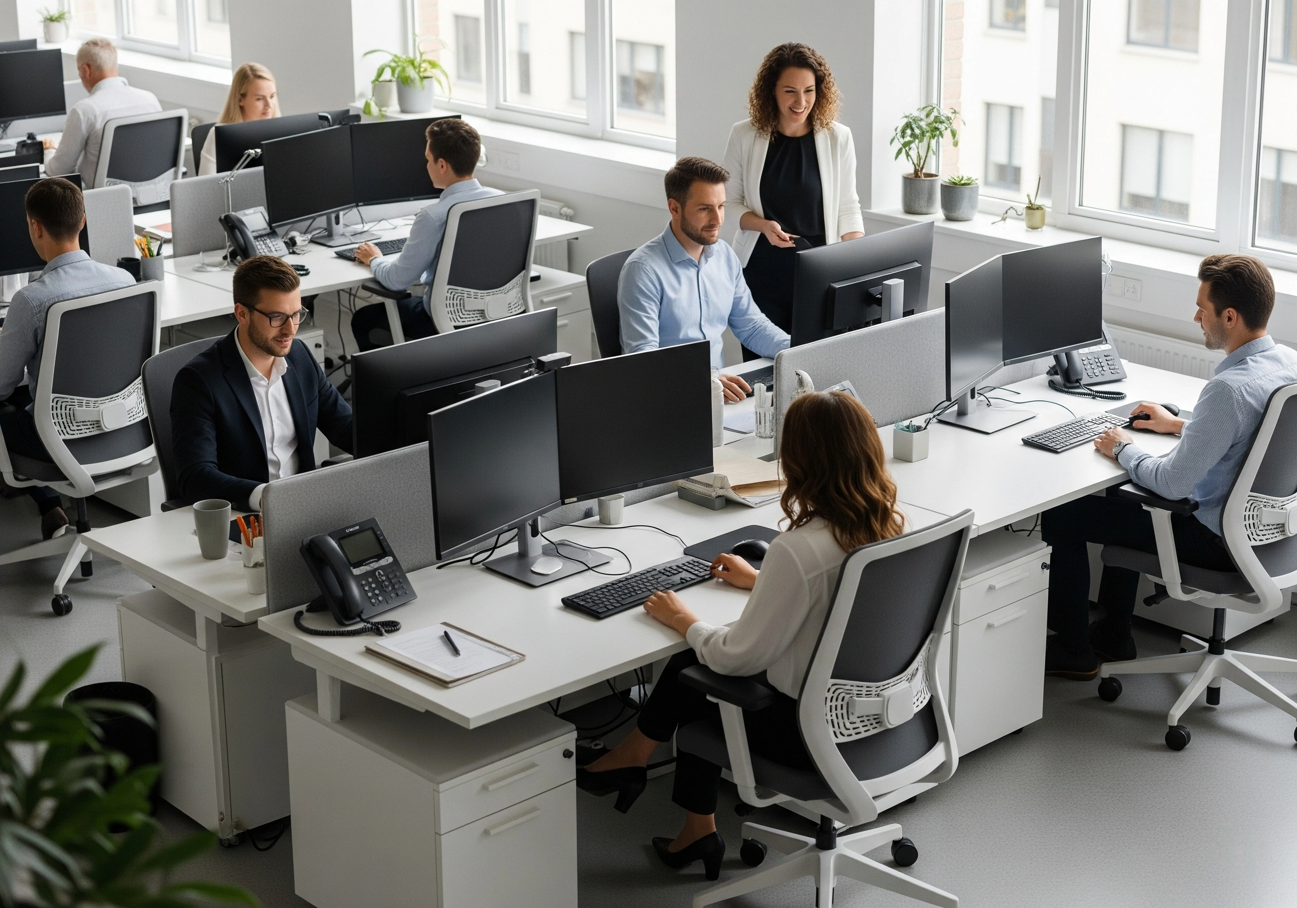 Modern, nyitott iroda több, egységesen berendezett ergonomikus munkaállomással, ahol a munkatársak kényelmesen és produktívan dolgoznak.