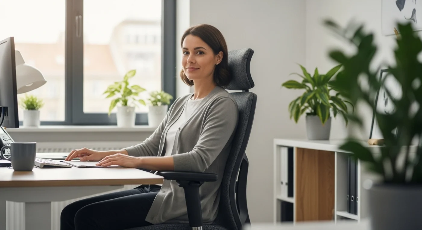 Egy mosolygós nő ül helyesen beállított, sötétszürke ergonomikus irodai székében, egy világos irodában, ahol zöld növények is vannak. A nő kényelmesen dolgozik az asztalánál, számítógépe előtt.