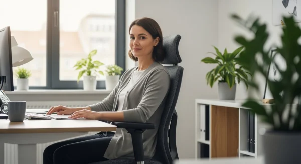 Egy mosolygós nő ül helyesen beállított, sötétszürke ergonomikus irodai székében, egy világos irodában, ahol zöld növények is vannak. A nő kényelmesen dolgozik az asztalánál, számítógépe előtt.