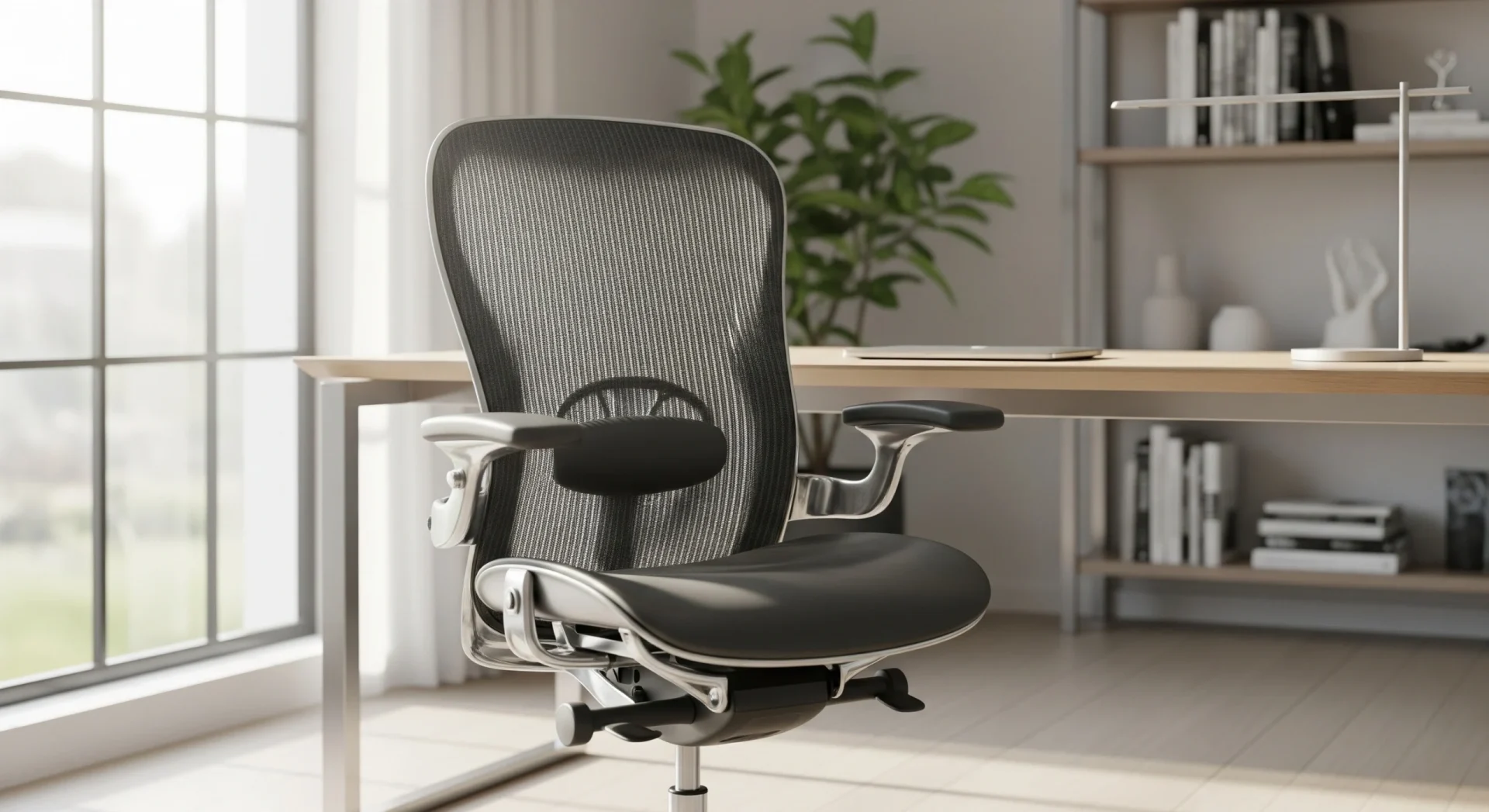 Egy prémium, hálós hátú ergonomikus irodai szék egy világos, modern irodában, az ablakból érkező természetes fénnyel megvilágítva.