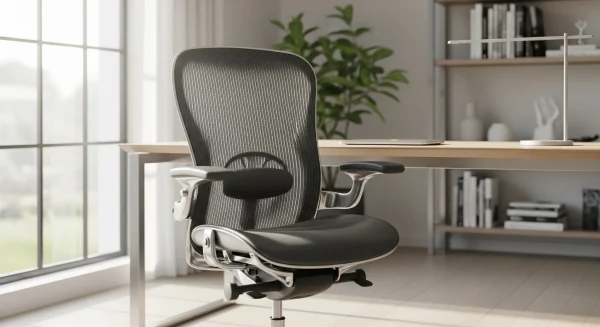 Egy prémium, hálós hátú ergonomikus irodai szék egy világos, modern irodában, az ablakból érkező természetes fénnyel megvilágítva.