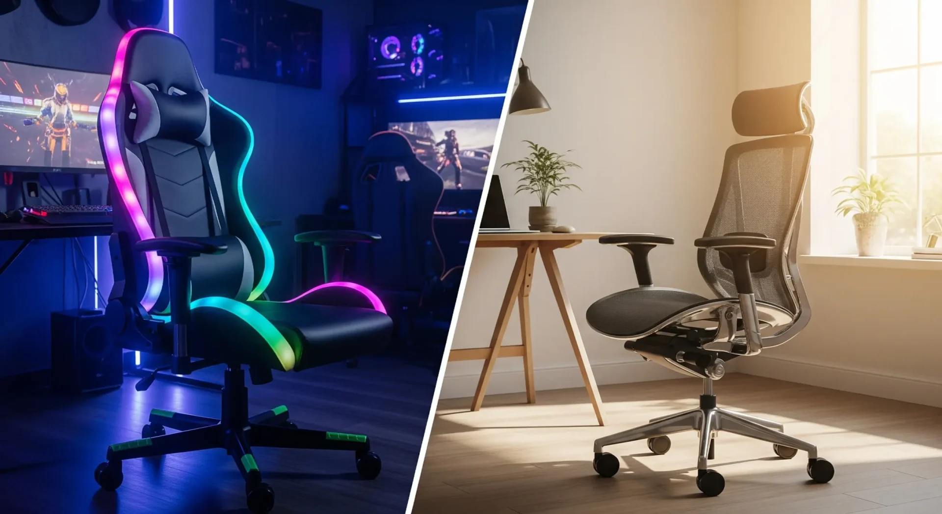 Összehasonlító kép egy sötét szobában lévő, színes RGB fényekkel világító gamer szék és egy világos, modern irodában álló, letisztult ergonomikus irodai szék között.