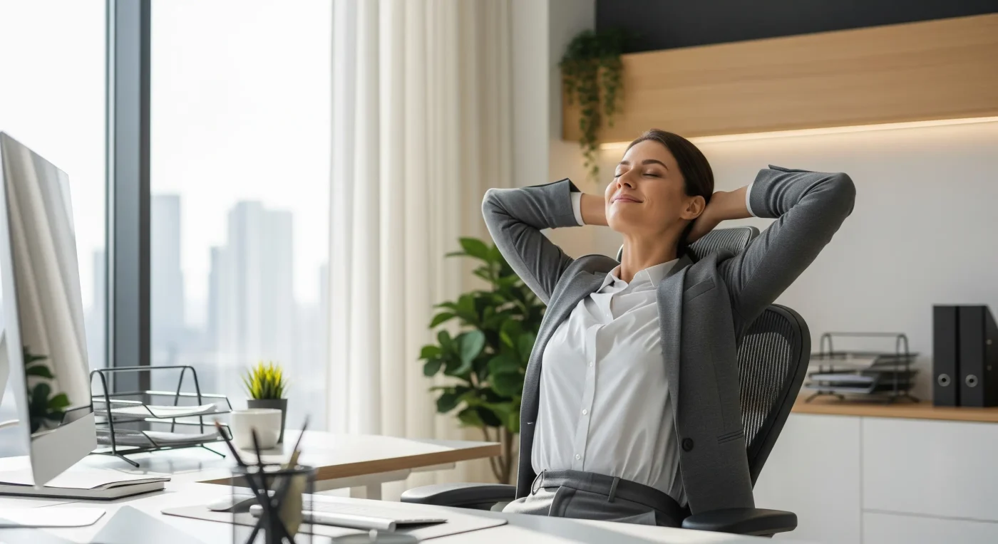 Egy nő elégedetten nyújtózik hátra a prémium ergonomikus irodai székében, egy világos, modern irodában, jelezve a fájdalommentes munkavégzést.