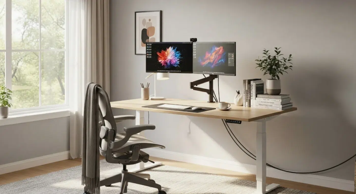 Egy inspiráló, modern home office sarok, ergonomikus székkel és állítható asztallal, a tökéletes otthoni munkakörnyezetet mutatva.