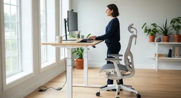 Egy modern, állítható magasságú asztal egy világos irodában, mellette egy ergonomikus székkel, az ülő-álló munkavégzéshez.