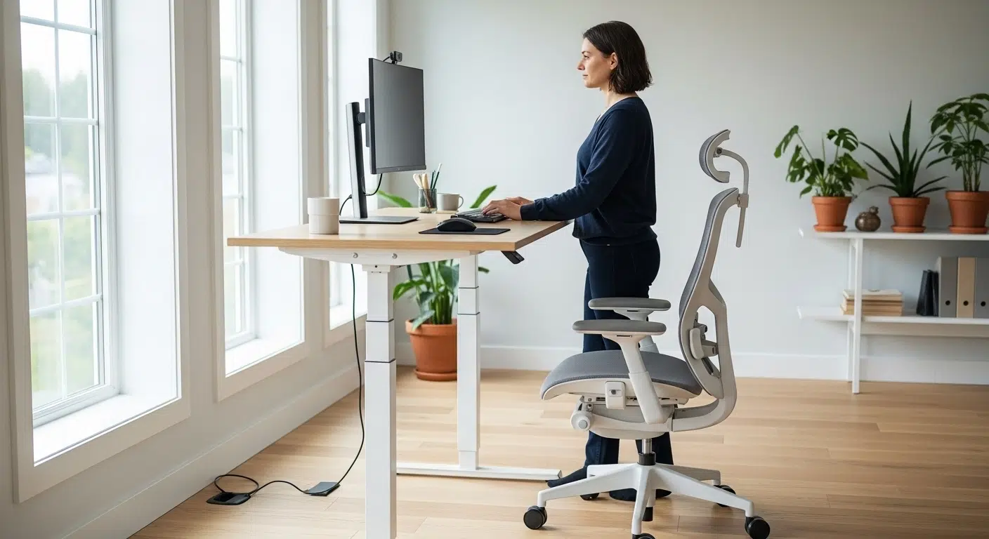 Egy modern, állítható magasságú asztal egy világos irodában, mellette egy ergonomikus székkel, az ülő-álló munkavégzéshez.
