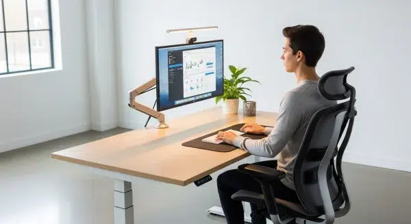 Egy tökéletesen beállított ergonomikus munkaállomás, ami bemutatja, mi az ergonómia a gyakorlatban: szék, asztal, monitor kar és lábtámasz.