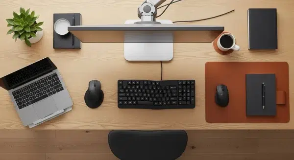 Egy asztalon elrendezett ergonomikus kiegészítők: vertikális egér, osztott billentyűzet, monitorkar és egy lábtámasz.