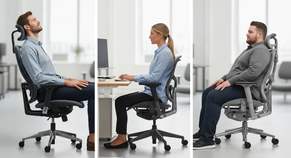 Ergonomikus szék testalkathoz.Különböző testalkatú emberek ülnek különböző a testalkatukhoz megfelelő székben.