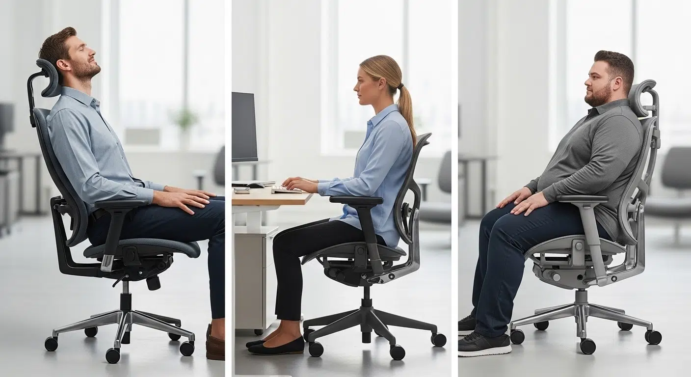 Ergonomikus szék testalkathoz.Különböző testalkatú emberek ülnek különböző a testalkatukhoz megfelelő székben.