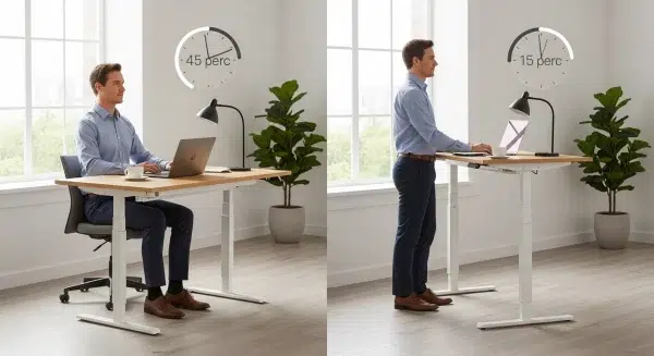 Infografika az ideális ülő és álló munkaidő arányáról (45 perc ülés, 15 perc állás).