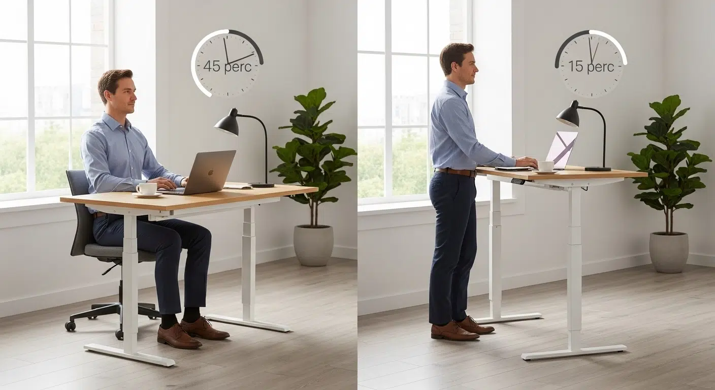 Infografika az ideális ülő és álló munkaidő arányáról (45 perc ülés, 15 perc állás).