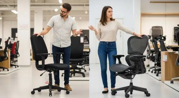 Vásárló egy boltban egy olcsó irodai szék és egy prémium ergonomikus forgószék között választ.