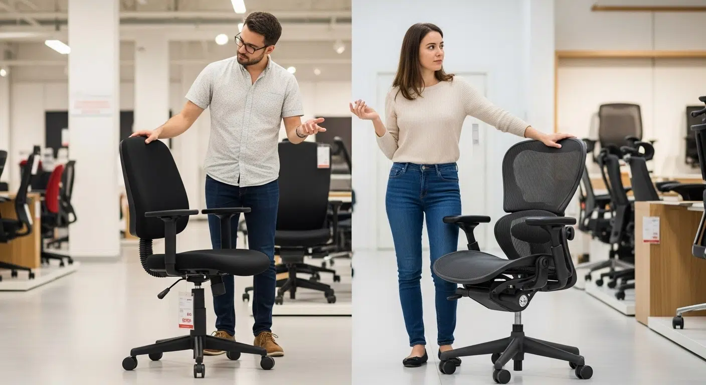 Vásárló egy boltban egy olcsó irodai szék és egy prémium ergonomikus forgószék között választ.