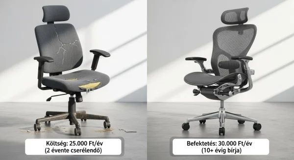 Összehasonlítás: egy olcsó, törött irodai szék és egy prémium ergonomikus szék, ami hosszú távú befektetés és megtérülés.