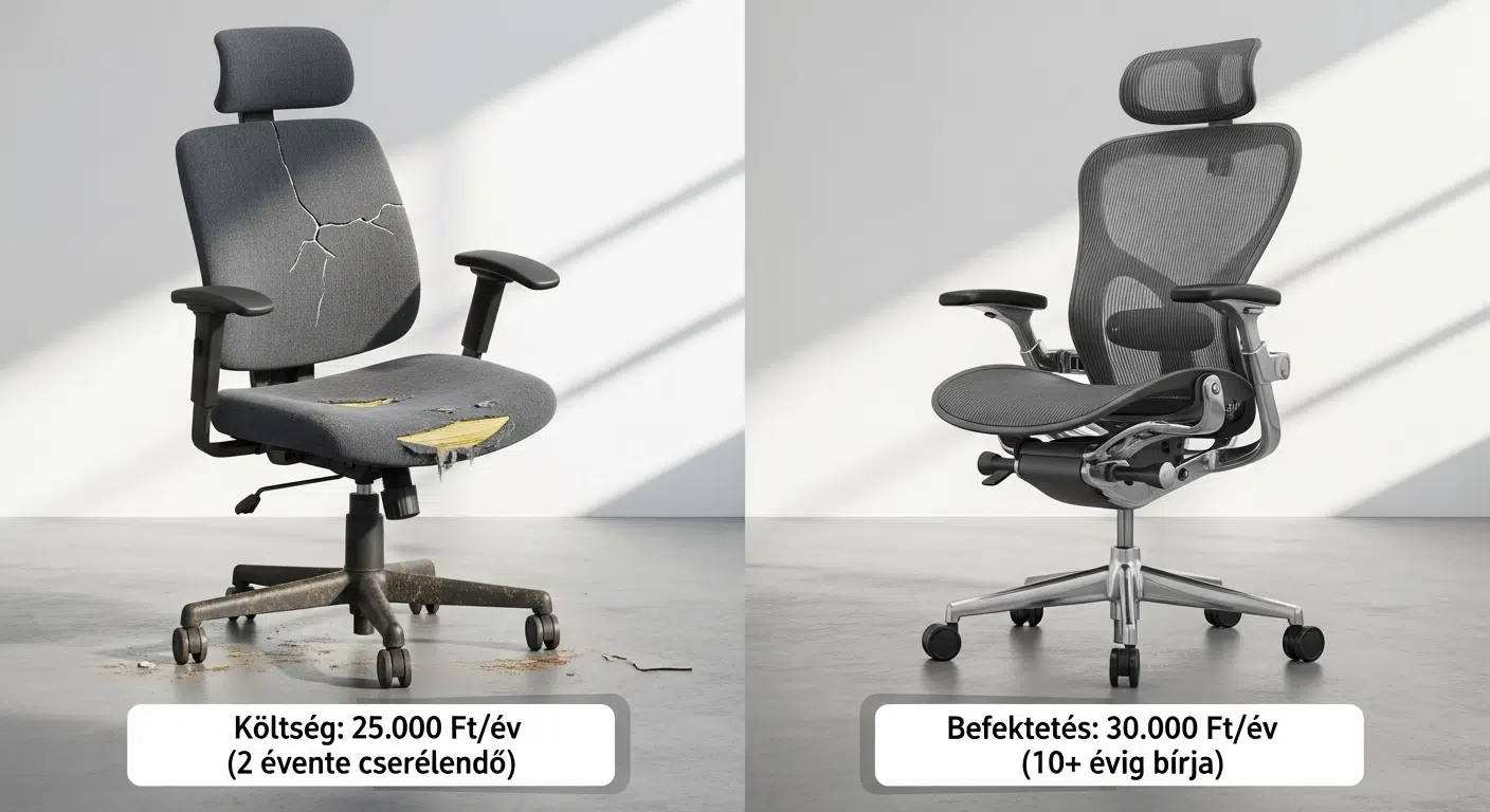 Összehasonlítás: egy olcsó, törött irodai szék és egy prémium ergonomikus szék, ami hosszú távú befektetés és megtérülés.