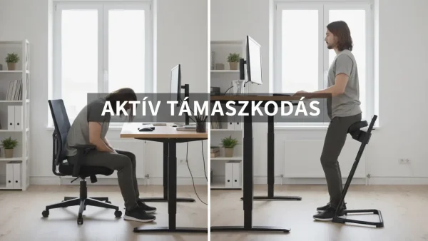 Összehasonlítás: passzív ülés irodai székben vs. aktív támaszkodás álláskönnyítő széken.