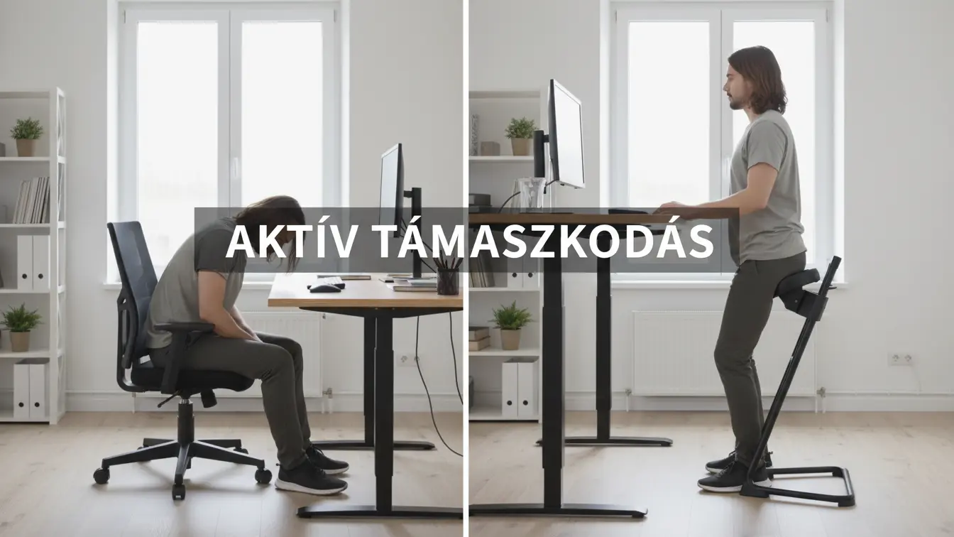 Összehasonlítás: passzív ülés irodai székben vs. aktív támaszkodás álláskönnyítő széken.