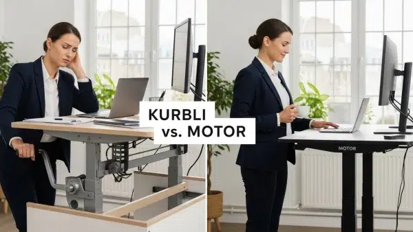 Összehasonlítás: manuális tekerős asztal vs. elektromos állítható asztal használat közben.