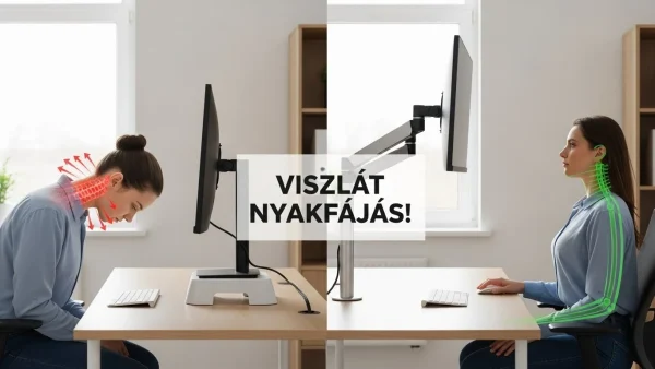 Összehasonlítás: Görnyedt tartás gyári monitorállvánnyal vs. egyenes tartás ergonomikus monitorkarral.