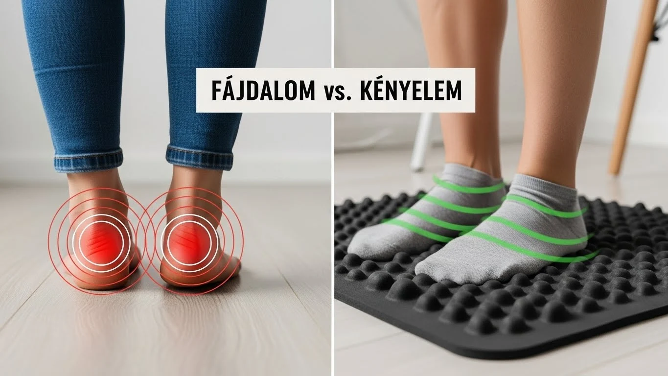 Összehasonlítás: Lábak kemény padlón vs. puha álláskönnyítő szőnyegen.