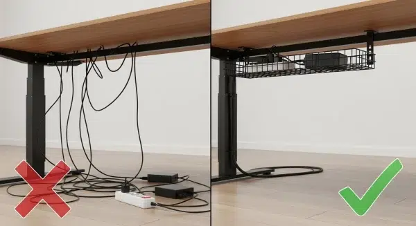 Kábelrendezés előtt és után: a rendetlen íróasztal vs. a letisztult munkaállomás.