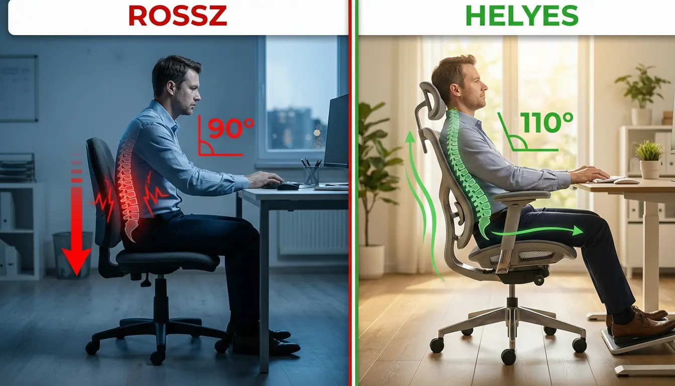 Összehasonlítás: Balra a helytelen 90 fokos merev ülés, jobbra a helyes 110 fokos dinamikus ülés porckorong terhelése.