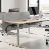 Modern office environment with height adjustable bench twin desks and acoustic screens.