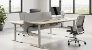 Modern office environment with height adjustable bench twin desks and acoustic screens.