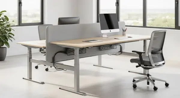 Modern irodai környezet állítható magasságú bench ikerasztalokkal és akusztikus paravánokkal.