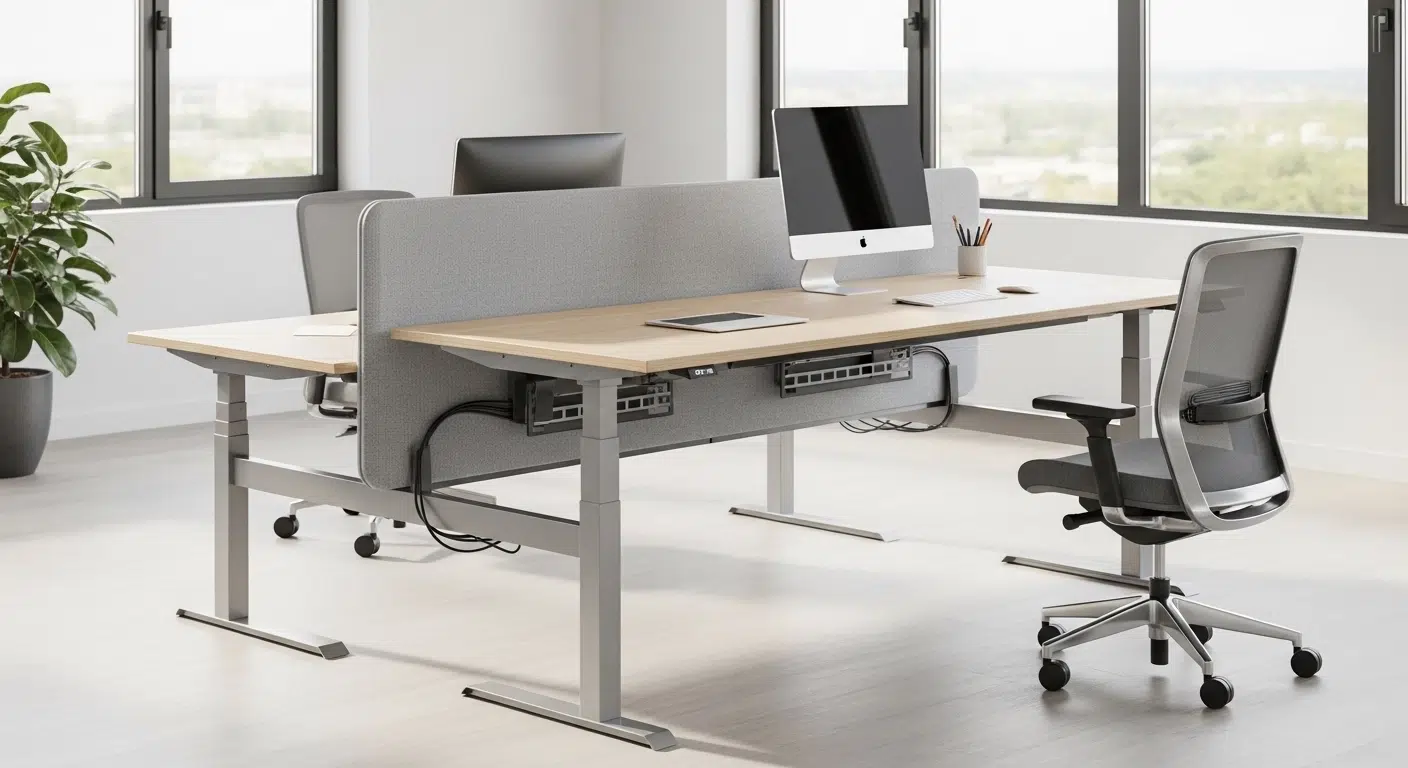 Modern irodai környezet állítható magasságú bench ikerasztalokkal és akusztikus paravánokkal.