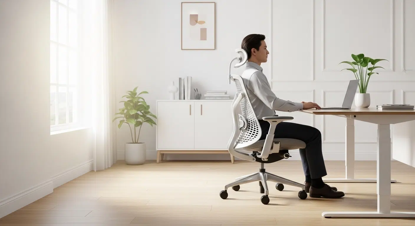 Kényelmes irodai környezet, fókuszban egy ergonomikus szék deréktámasza és a helyes gerinctartás.