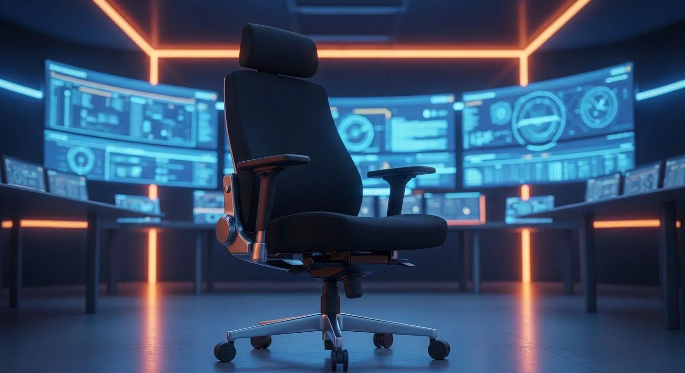 Robusztus, nagy teherbírású 24 órás irodaszék egy modern diszpécserközpontban.