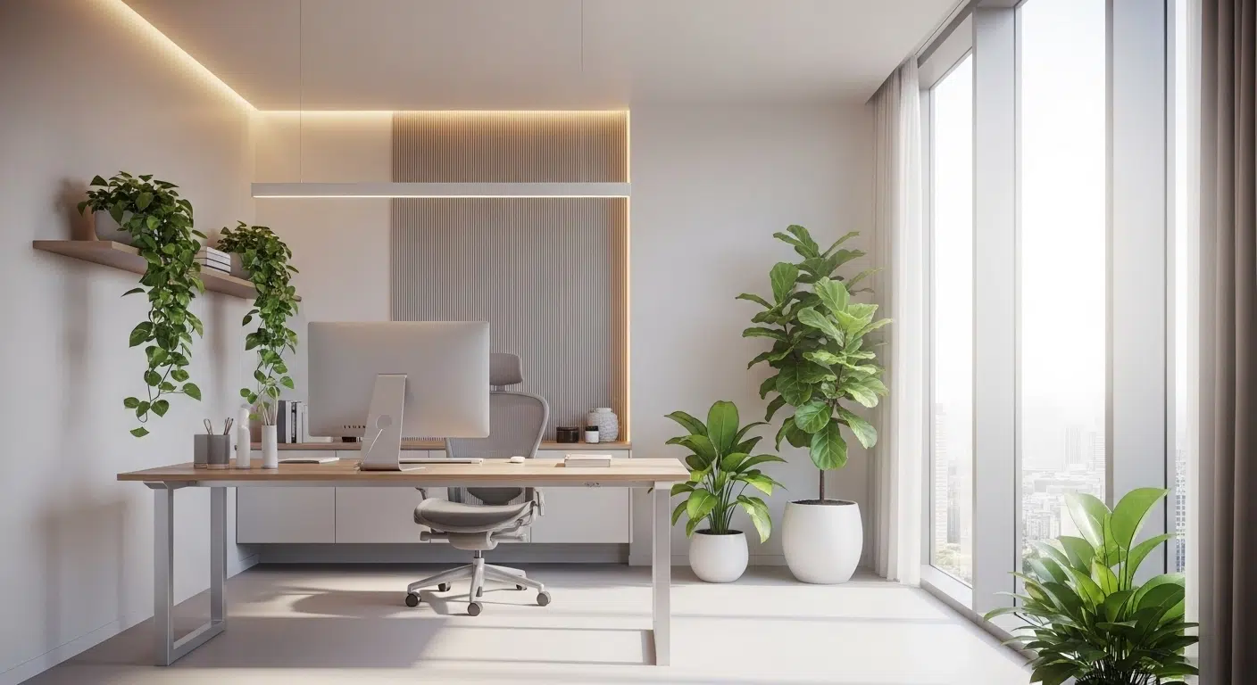 Egészséges munkakörnyezet világos, napfényes irodában zöld növényekkel és ergonomikus asztallal