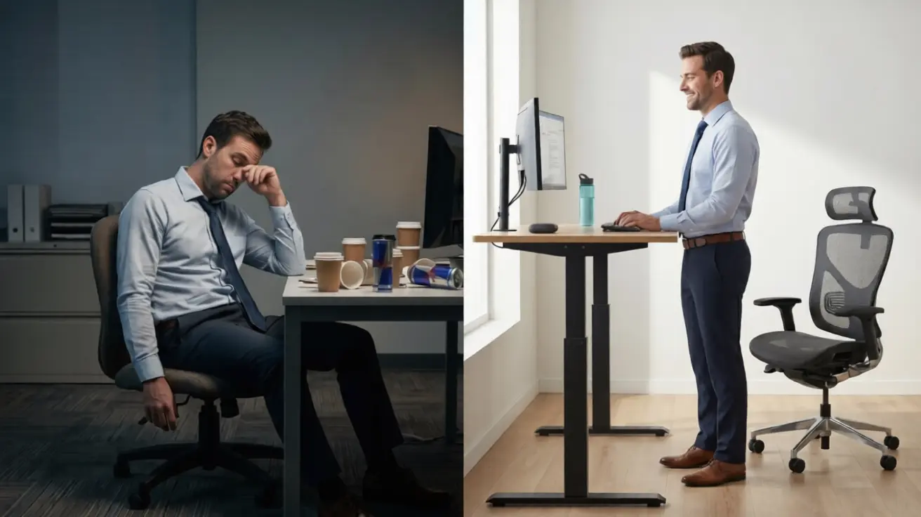 Az irodai délutáni fáradtság (bal oldalon) és az energikus ülő-álló (jobb oldalon) ergonómiai megoldás kontrasztja.