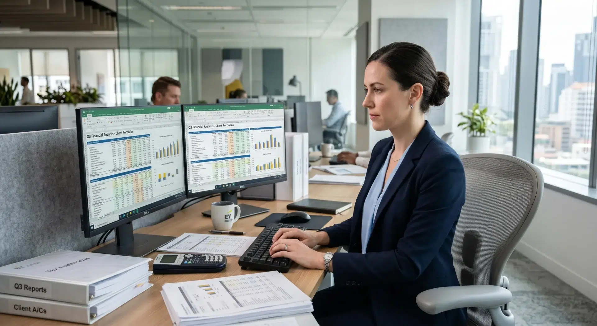 Ergonomikus irodai szék és prémium munkaállomás könyvelőknek az adóbevallási szezonban.