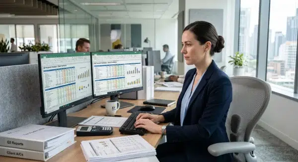 Ergonomikus irodai szék és prémium munkaállomás könyvelőknek az adóbevallási szezonban.
